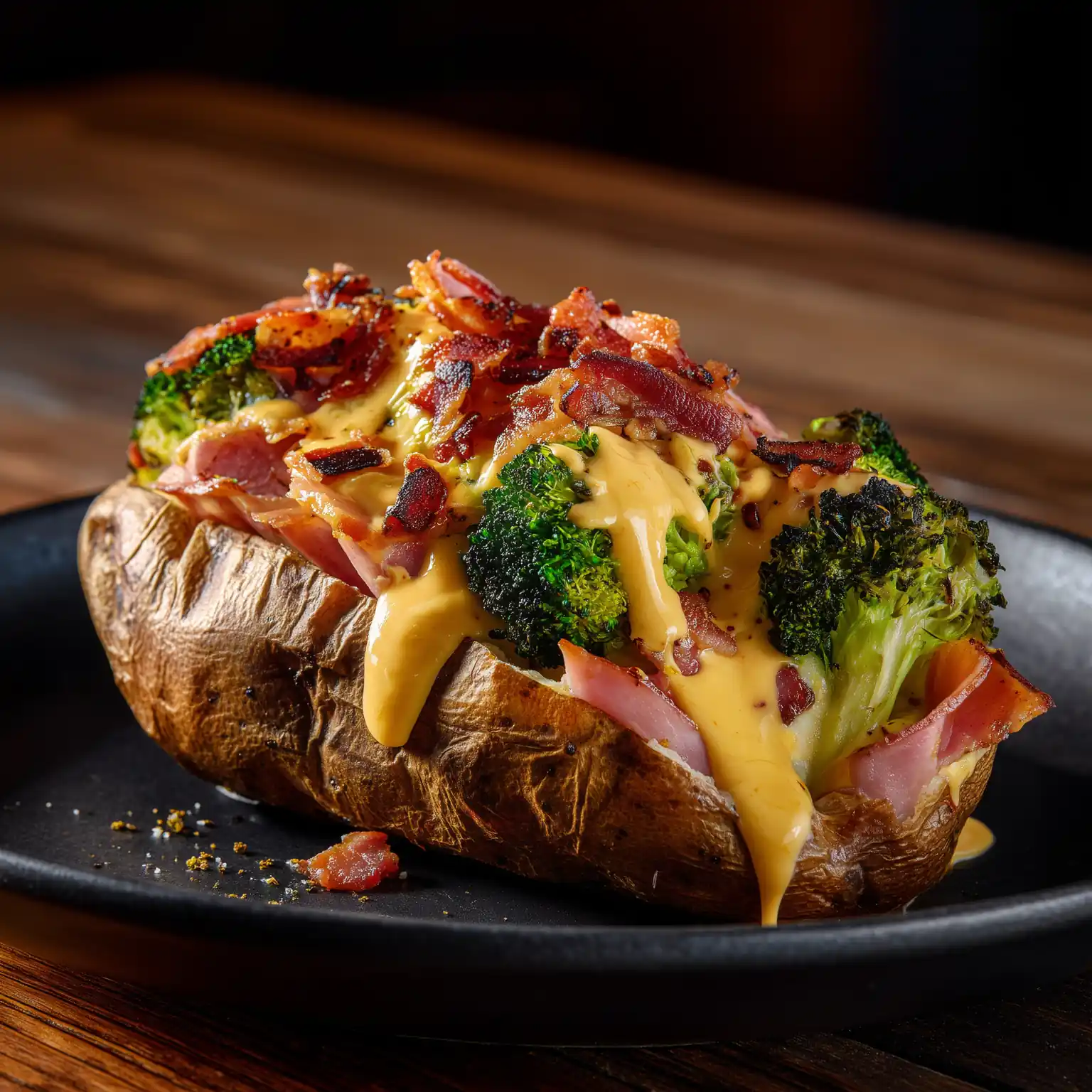 Meltdown potato with ham, nacho cheese, broccoli, and bacon bits